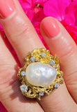 Vintage Estate Large 14k Gold Baroque Pearl G VS Diamond Cocktail Ring