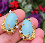 Vintage Retro14k Gold Diamond Turquoise Dangle Drop Pendant Earrings Brutalist