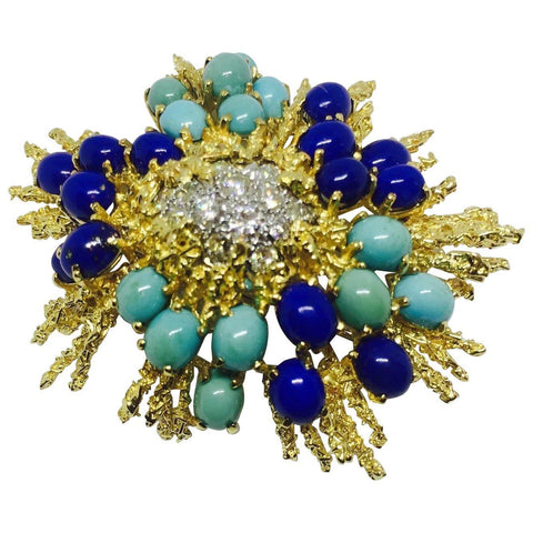 George Schuler 18k Gold Turquoise Lapis 0.98ct VS Diamond Brooch Pin Pendant