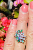 Vintage 1950s Estate Platinum 2ct Marquise Emerald Diamond Cluster Cocktail Ring