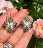 Vintage Estate 18k Gold 3.80ct Emerald Sapphire VS Diamond Dangle Drop Earrings