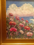 KADLIC Floral Sailboats Seascape Original Oil Painting 18x24" Gold Gilt Frame