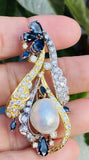 Vintage 1950 14k Gold 5ct VS Diamond Blue Sapphire Baroque Pearl Pendant Brooch