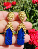 Vintage Retro 1960s 70s Heavy 18k Gold Lapis Lazuli Dangle Drop Earrings