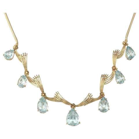 Stunning 1950s Retro Mid-Century 18k Gold Necklace Aquamarine Pendant Dangle