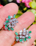 Vintage 18k Gold Emerald VS Diamond Halo Drop Cluster Earrings