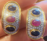 Vintage Estate 14k Gold 1.80ct VS Diamond Sapphire Ruby Cabachon Earrings