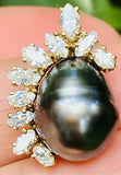 Vintage Estate 14k Gold Baroque Tahitian Pearl Marquise Diamond Necklace Pendant