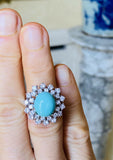 Vintage Estate 14k White Gold 7.75ctw Turquoise Diamond Halo Engagement Ring