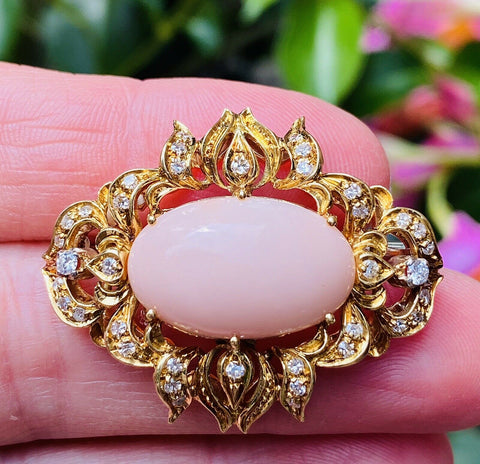 Gold Brooch with Coral and Jade – Estate Beads & Jewelry