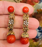 Vintage Estate 14K Gold Heavy Salmon Coral Blue Sapphire Dangle Pendant Earrings