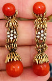 Vintage Estate 14K Gold Heavy Salmon Coral Blue Sapphire Dangle Pendant Earrings