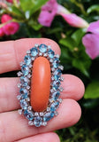 Vintage Midcentury 18k Gold Platinum Coral Blue Zircon Diamond Brooch