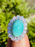 Vintage Estate 14k Gold Turquoise Cabachon 9ct Diamond Halo Ballerina Ring