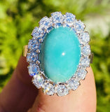 Vintage Estate 14k Gold Turquoise Cabachon 9ct Diamond Halo Ballerina Ring