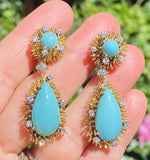 Vintage Retro Midcentury 18k Gold Turquoise Diamond Dangle Pendant Earrings