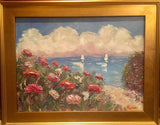 KADLIC Floral Sailboats Seascape Original Oil Painting 18x24" Gold Gilt Frame