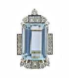 Art Deco Vintage 14k Gold Large 27ct Aquamarine Diamond Necklace Pendant