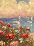 KADLIC Floral Sailboats Seascape Original Oil Painting 18x24" Gold Gilt Frame