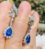 Vintage 18k Gold Royal Blue Sapphire G-H VS Diamond Dangle Drop Pendant Earrings