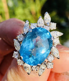 Impressive Vintage 14K Gold 8.17ct Blue Topaz Diamond Halo Cocktail Ring