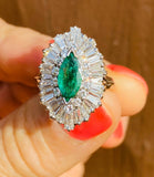 Large Vintage 14k Gold 3.3ct VS Emerald Marquise Diamond Baguette Ballerina Ring