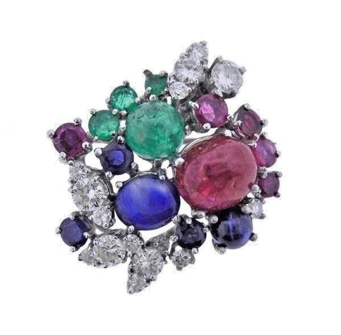 WOW Estate 1950s Deco 18k Gold Ruby Emerald Sapphire Diamond Brooch Pin Pendant