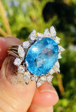 Impressive Vintage 14K Gold 8.17ct Blue Topaz Diamond Halo Cocktail Ring