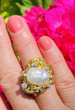 Vintage Estate Large 14k Gold Baroque Pearl G VS Diamond Cocktail Ring