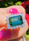 Vintage Estate 14k Gold 6ct Emerald Cut Green Tourmaline Diamond Cocktail Ring