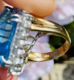 Vintage Large 14k White Gold 20ct Blue Topaz Diamond Halo Cocktail Ring