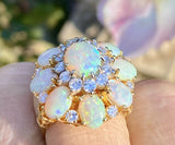 Vintage Midcentury 1950s 14k Gold Opal VS Diamond Cluster Cocktail Ring