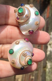 MAZ 14K Gold Turbo Snail Shell Clip Earrings Multi Gem Ruby Emerald Sapphire 7gr