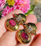 Vintage 18k Gold Pink Tourmaline Diamond Drop Clip Earrings
