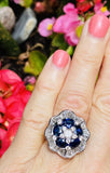 Vintage Estate 18k Gold 6.0ct Blue Sapphire Diamond Cluster Cocktail Ring