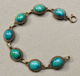Vintage Estate 1950s 14k Yellow Gold Turquoise Cabochon Link Bracelet 7"