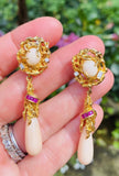 Vintage 14k Gold Diamond Ruby Angel Skin Coral Day-to-Night Dangle Earrings