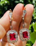 Vintage Estate 18k Gold Synthetic Ruby VS Diamond Halo Dangle Pendant Earrings