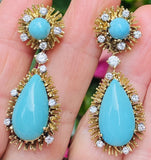 Vintage Retro Midcentury 18k Gold Turquoise Diamond Dangle Pendant Earrings