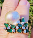 Vintage 1960s JGJLRY 18k Gold Diamond Emerald Baroque Pearl Cocktail Ring