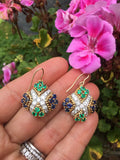 Vintage Estate 18k Gold 3.80ct Emerald Sapphire VS Diamond Dangle Drop Earrings