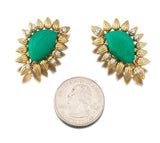 Designer 18k Gold Carved Turquoise 0.48ct Diamond Clip Drop Earrings 1.25"