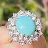 Vintage Estate 14k White Gold Turquoise 1.25ct Diamond Halo Engagement Ring