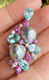 Vintage Estate 18k Gold Diamond Pearl Pink Sapphire Tourmaline Brooch Pendant