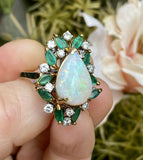 Vintage 14k Gold Opal Emerald Diamond Halo Convertible Ring Necklace Pendant