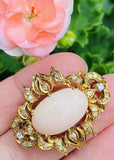 Vintage Midcentury 14k Yellow Gold Angel Skin Coral Cabachon Diamond Brooch
