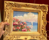 KADLIC French Pink Poppies Seascape Sailboats Gilt Gold Wood Frame 8x10”
