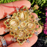 Vintage Heraldic 18K Gold Angel Skin Coral Emerald Diamond Brooch