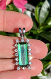 Vintage 14k Gold 6ct Emerald Green Tourmaline VS Diamond Halo Necklace Pendant