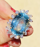 Vintage Estate 14k Gold Aquamarine 17.5ct Diamond Halo Cocktail Ring